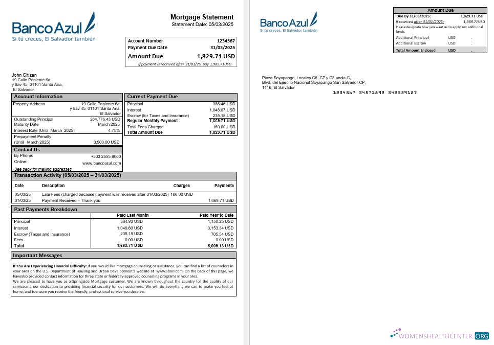 Download Salvador Banco Azul mortgage statement in Word and PDF formats Photoshop template